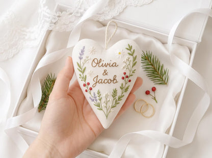 Personalized Wedding Heart Ornament – Hand Embroidered Linen Floral Ornament with Names & Date – Custom Wedding Christmas Gift Decoration