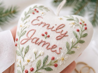 Personalized Wedding Heart Ornament – Hand Embroidered Linen Floral Ornament with Names & Date – Custom Wedding Christmas Gift Decoration