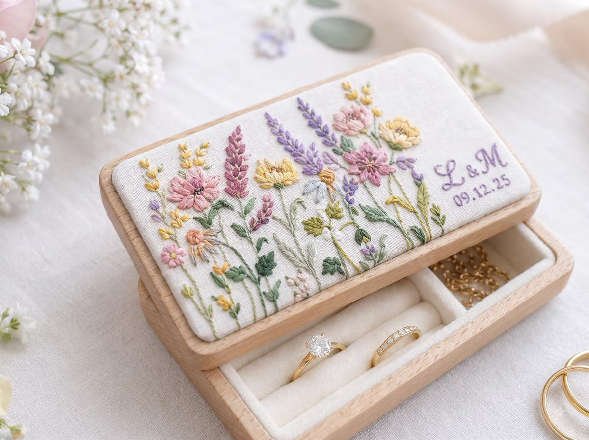 Personalized Mini Wooden Jewelry Box, Hand Embroidered Wildflower Ring Box with Lavender, Pink Blooms, Initials Date Wedding Gift Box Set