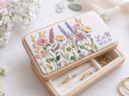 Personalized Mini Wooden Jewelry Box, Hand Embroidered Wildflower Ring Box with Lavender, Pink Blooms, Initials Date Wedding Gift Box Set