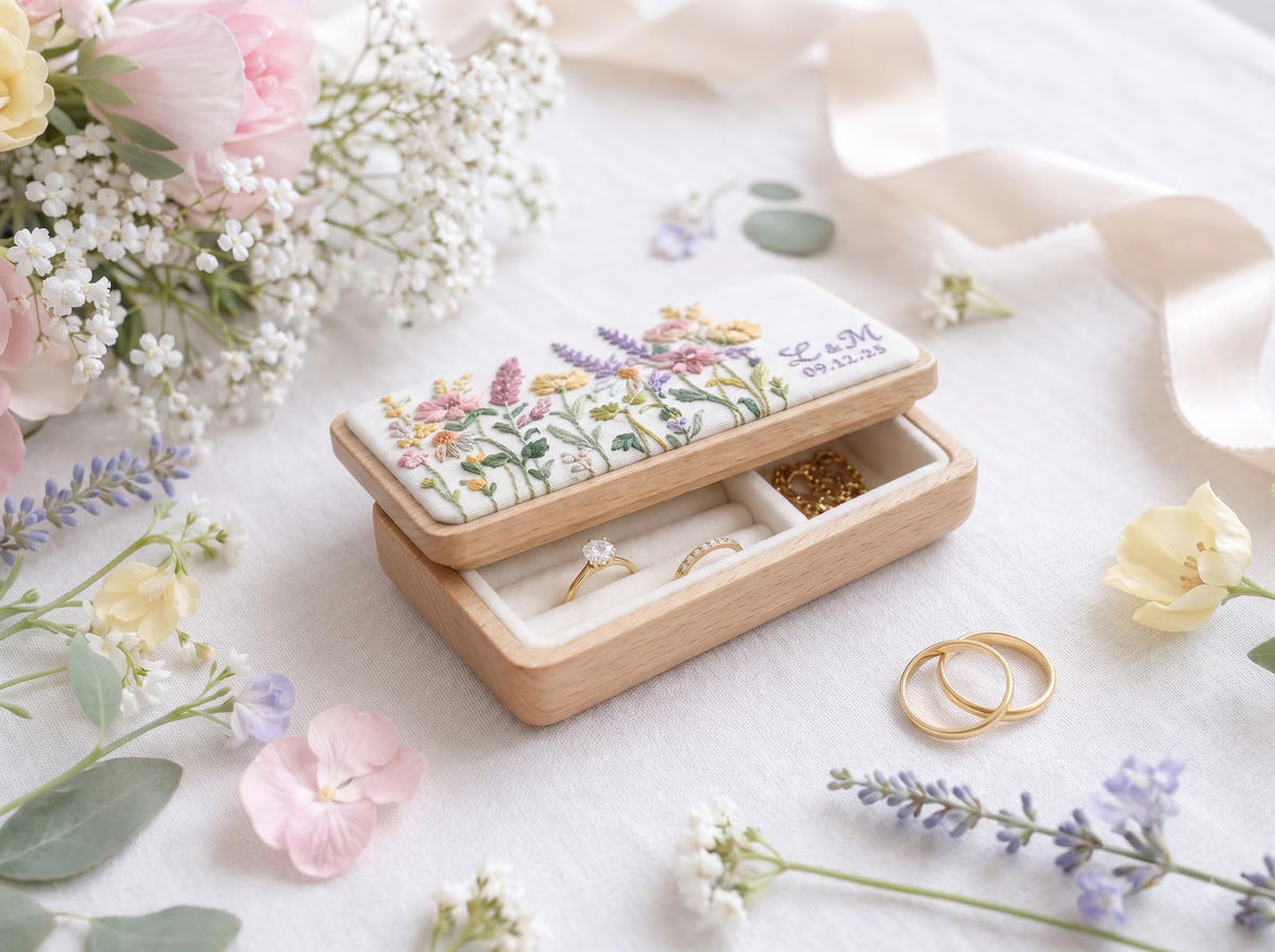 Personalized Mini Wooden Jewelry Box, Hand Embroidered Wildflower Ring Box with Lavender, Pink Blooms, Initials Date Wedding Gift Box Set