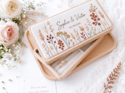 Personalized Mini Wooden Jewelry Box, Hand Embroidered Autumn Wildflower, Wheat and Berries, Custom Names and Date Wedding Keepsake Gift Box