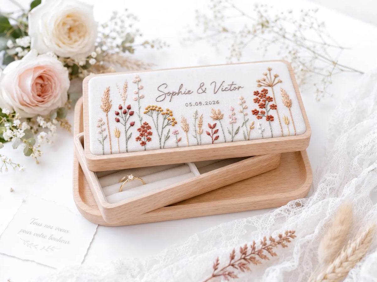 Personalized Mini Wooden Jewelry Box, Hand Embroidered Autumn Wildflower, Wheat and Berries, Custom Names and Date Wedding Keepsake Gift Box