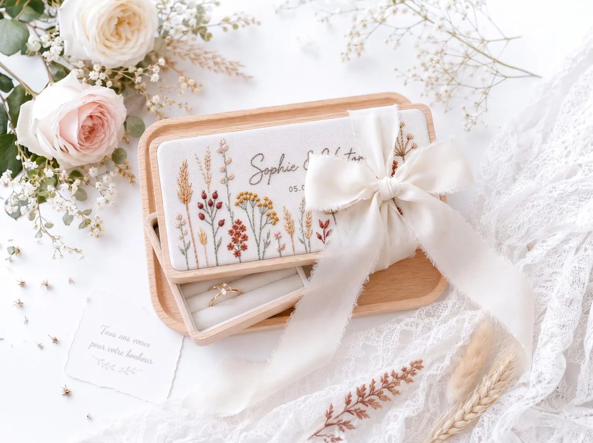 Personalized Mini Wooden Jewelry Box, Hand Embroidered Autumn Wildflower, Wheat and Berries, Custom Names and Date Wedding Keepsake Gift Box