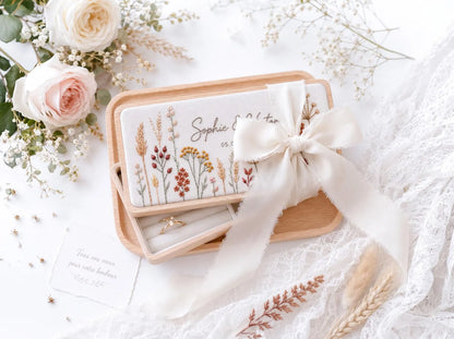 Personalized Mini Wooden Jewelry Box, Hand Embroidered Autumn Wildflower, Wheat and Berries, Custom Names and Date Wedding Keepsake Gift Box