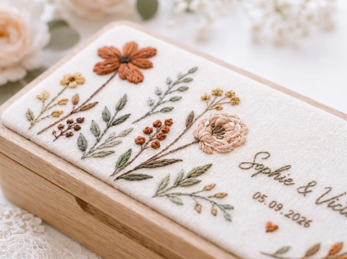 Personalized Mini Wooden Jewelry Box, Hand Embroidered Autumn Floral Ring Box with Rust Wildflowers, Custom Names and Date Wedding Gift
