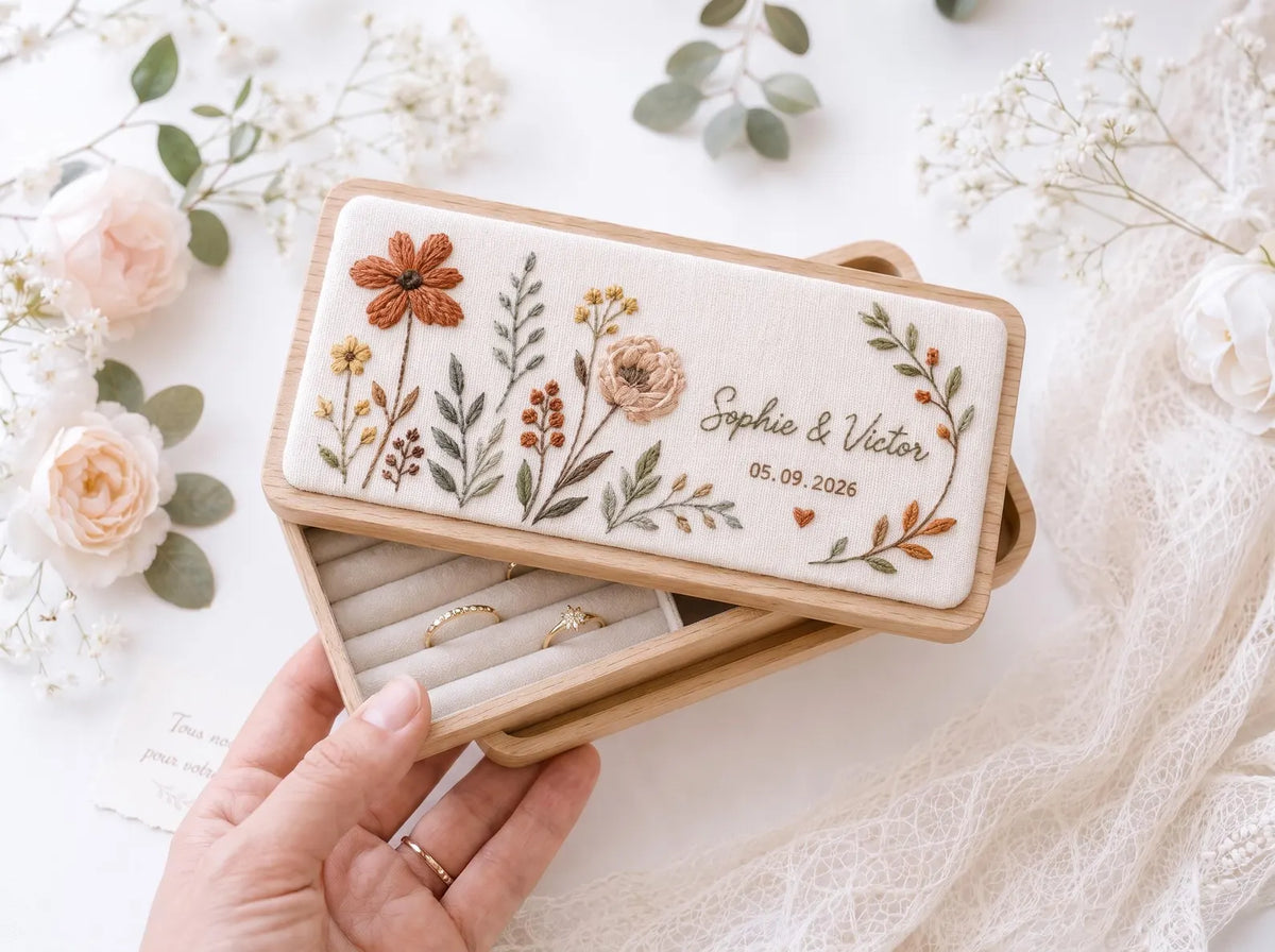 Personalized Mini Wooden Jewelry Box, Hand Embroidered Autumn Floral Ring Box with Rust Wildflowers, Custom Names and Date Wedding Gift