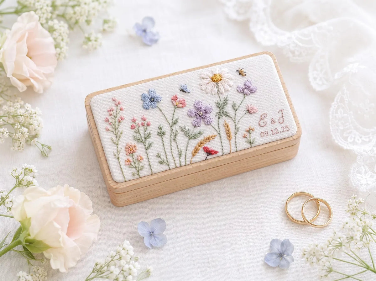 Personalized Mini Wooden Jewelry Box, Hand Embroidered Wildflower Ring Box with Lavender, Pink Blooms, Initials Date Wedding Gift Box Set