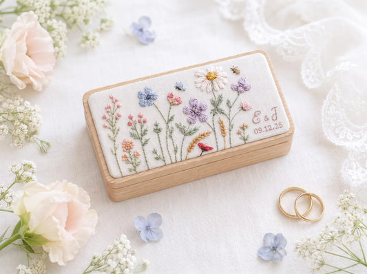 Personalized Mini Wooden Jewelry Box, Hand Embroidered Wildflower Ring Box with Lavender, Pink Blooms, Initials Date Wedding Gift Box Set