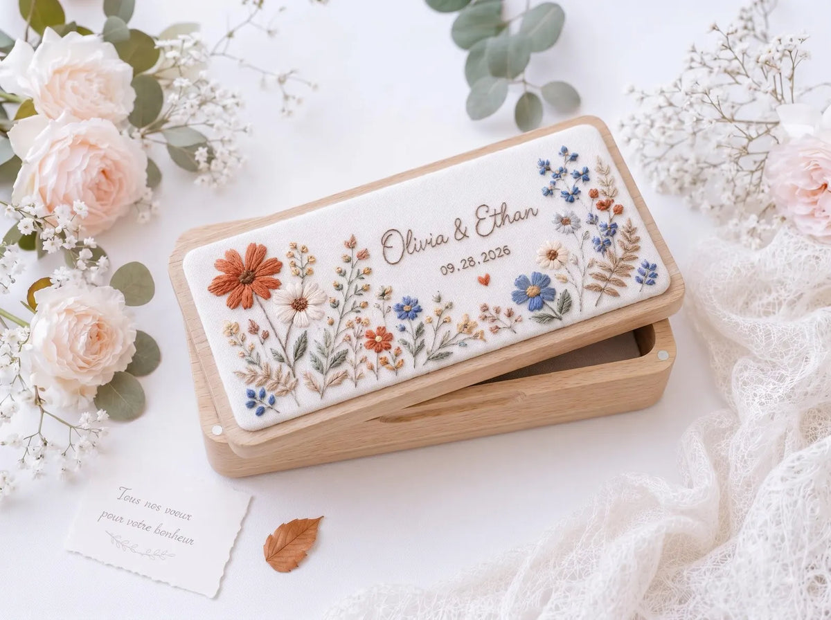 Personalized Mini Wooden Jewelry Box, Hand Embroidered Autumn Wildflower, Wheat and Berries, Custom Names and Date Wedding Keepsake Gift Box