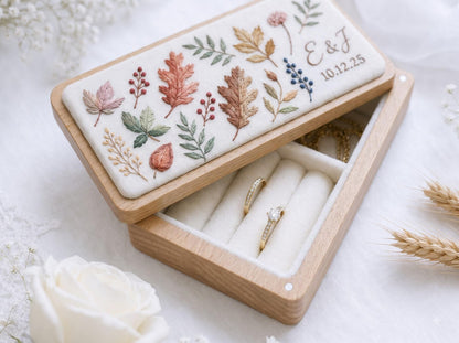 Personalized Mini Wooden Jewelry Box, Hand Embroidered Autumn Leaves and Berries Ring Box with Initials and Date, Wedding Gift Keepsake Box