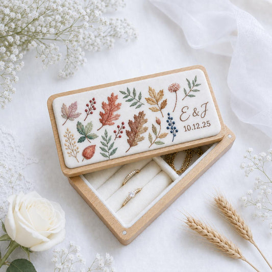 Personalized Mini Wooden Jewelry Box, Hand Embroidered Autumn Leaves and Berries Ring Box with Initials and Date, Wedding Gift Keepsake Box
