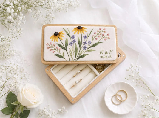 Personalized Mini Wood Jewelry Box, Hand Embroidered Black Eyed Susan, Forget Me Nots and Pink Baby's Breath, Initials and Date Wedding Gift