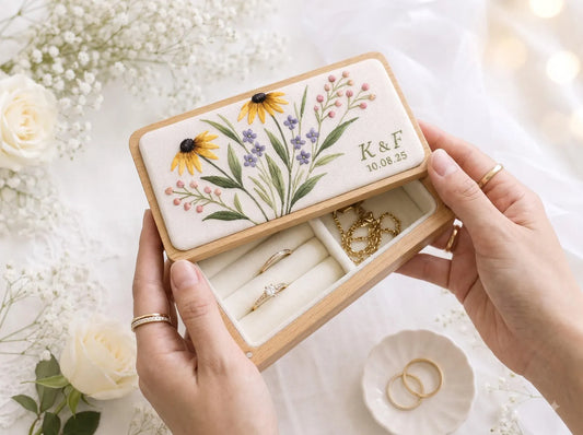 Personalized Mini Wood Jewelry Box, Hand Embroidered Black Eyed Susan, Forget Me Nots and Pink Baby's Breath, Initials and Date Wedding Gift