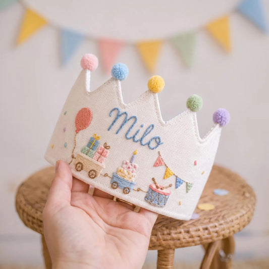 Personalized Linen Birthday Crown for Kids, Hand Embroidered Party Train, Cake and Drum Hat, Custom Name First Birthday Keepsake