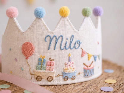 Personalized Linen Birthday Crown for Kids, Hand Embroidered Party Train, Cake and Drum Hat, Custom Name First Birthday Keepsake