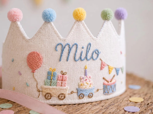 Personalized Linen Birthday Crown for Kids, Hand Embroidered Party Train, Cake and Drum Hat, Custom Name First Birthday Keepsake
