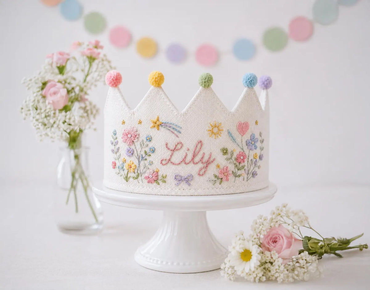 Personalized Linen Birthday Crown for Kids, Hand Embroidered Wildflower Party Hat, Custom Name First Birthday Keepsake Gift