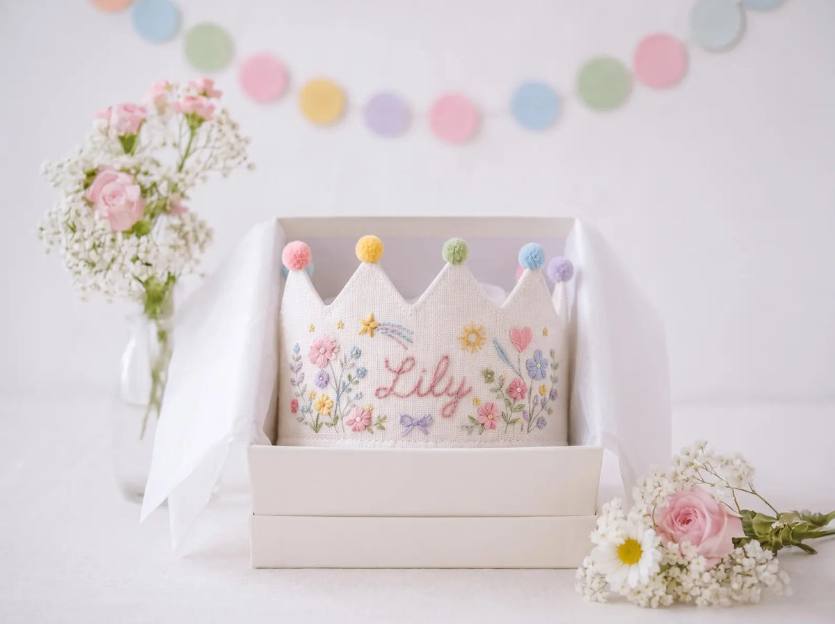 Personalized Linen Birthday Crown for Kids, Hand Embroidered Wildflower Party Hat, Custom Name First Birthday Keepsake Gift