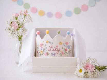 Personalized Linen Birthday Crown for Kids, Hand Embroidered Wildflower Party Hat, Custom Name First Birthday Keepsake Gift