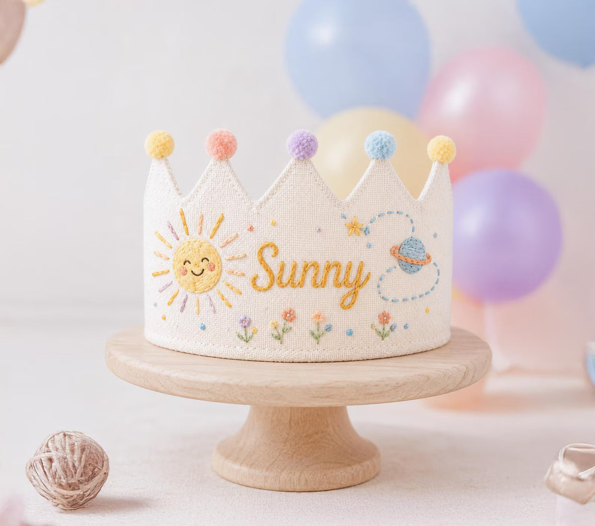 Personalized Linen Birthday Crown for Kids, Hand Embroidered Sun and Planet Party Hat, Custom Name First Birthday Keepsake Gift