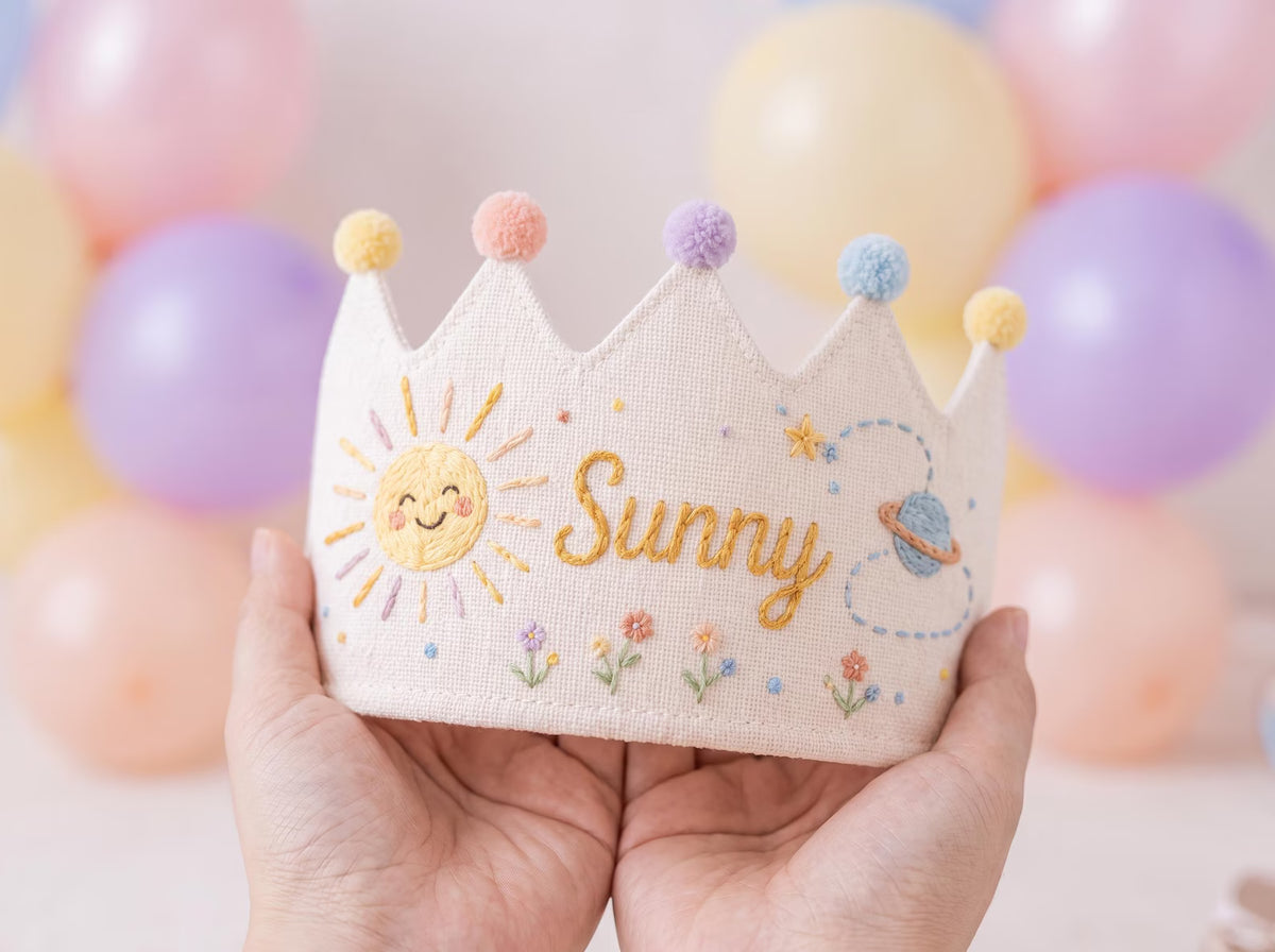 Personalized Linen Birthday Crown for Kids, Hand Embroidered Sun and Planet Party Hat, Custom Name First Birthday Keepsake Gift
