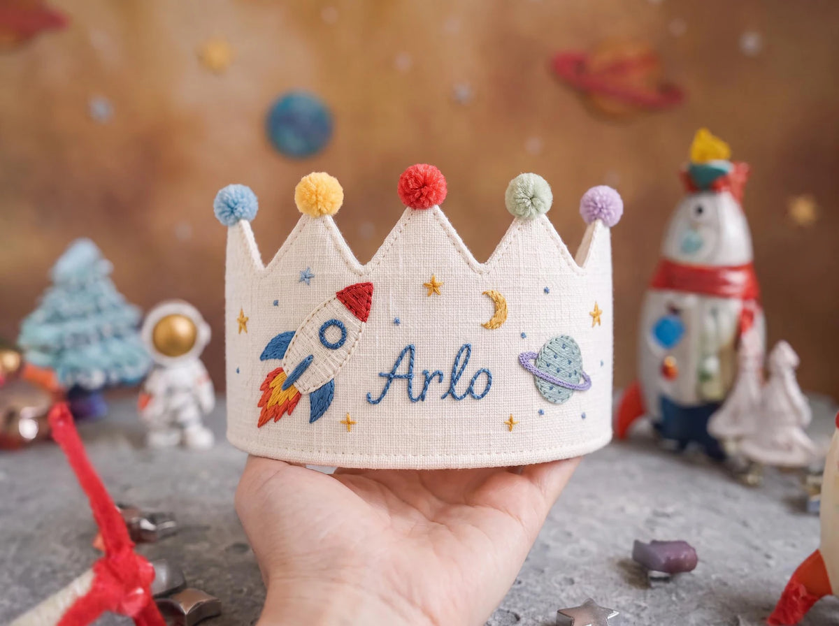 Personalized Linen Birthday Crown for Kids, Hand Embroidered Rocket and Space Party Hat, Custom Name First Birthday Keepsake Gift