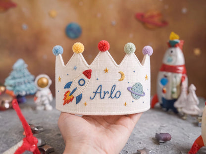 Personalized Linen Birthday Crown for Kids, Hand Embroidered Rocket and Space Party Hat, Custom Name First Birthday Keepsake Gift