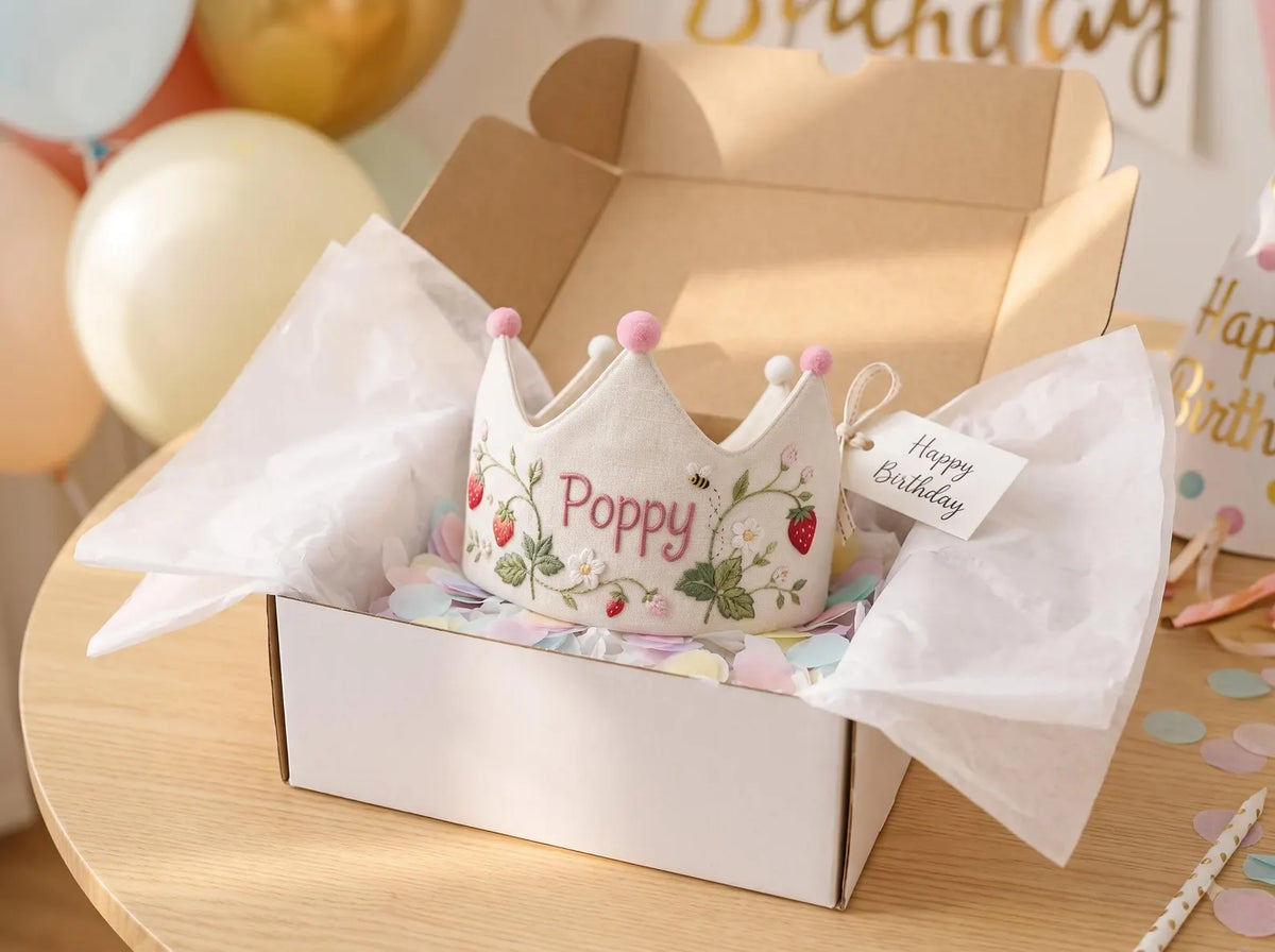 Personalized Strawberry Birthday Crown, Hand Embroidered Blooms and Bee, Custom Name Linen First Birthday Party Hat, Baby Girl Keepsake Gift