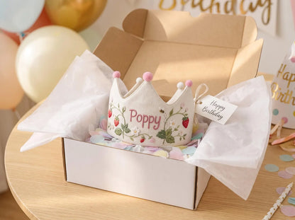 Personalized Strawberry Birthday Crown, Hand Embroidered Blooms and Bee, Custom Name Linen First Birthday Party Hat, Baby Girl Keepsake Gift