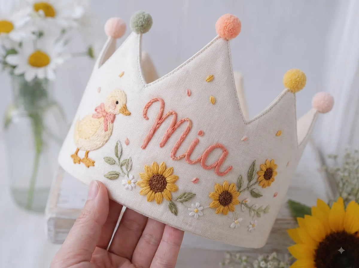 Personalized Teddy Bear Birthday Crown, Hand Embroidered Blue and Pink Flowers, Custom Name and Age First Birthday Party Hat Baby Boy's Gift