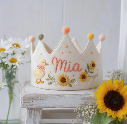 Personalized Teddy Bear Birthday Crown, Hand Embroidered Blue and Pink Flowers, Custom Name and Age First Birthday Party Hat Baby Boy's Gift