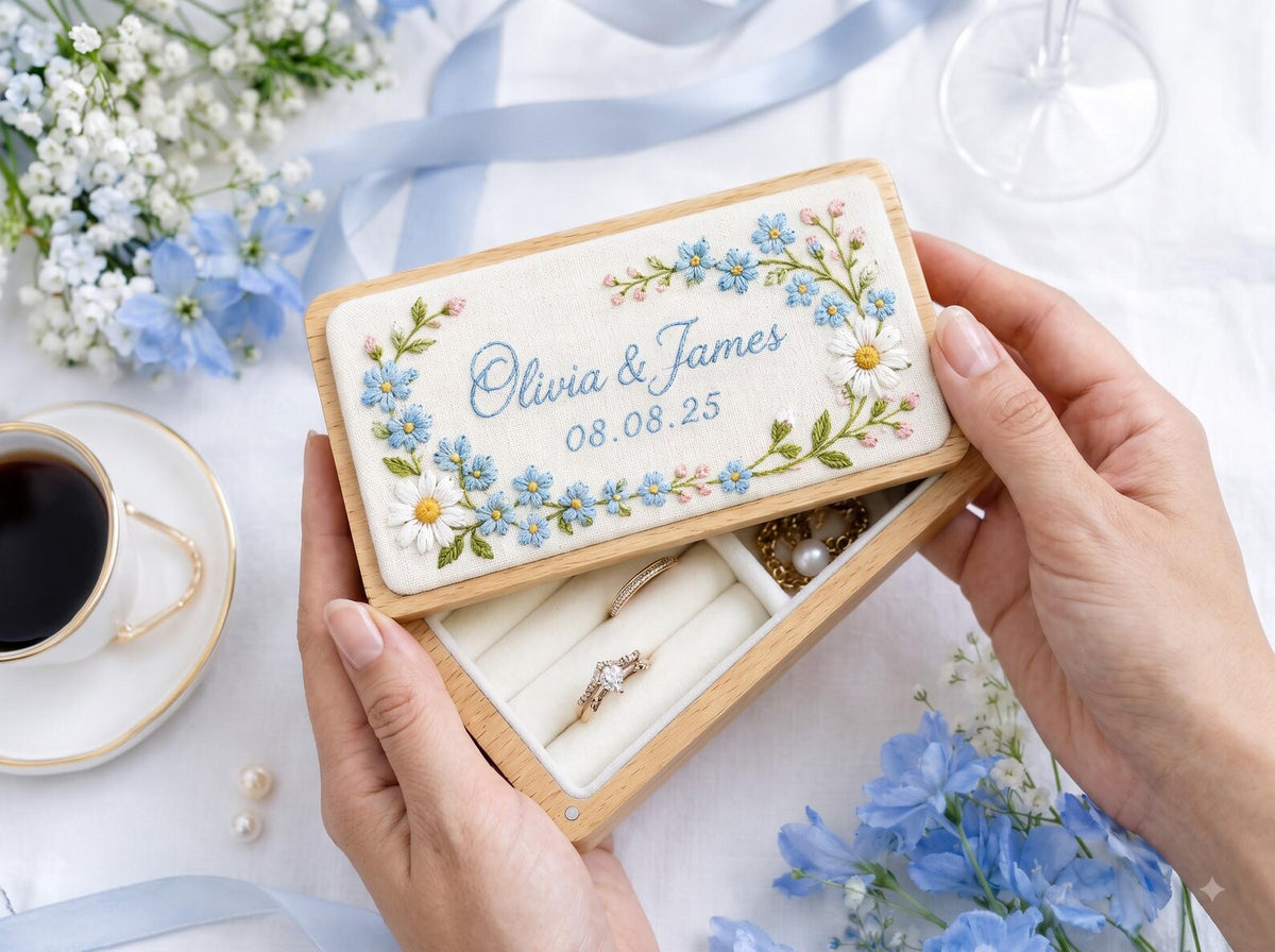 Personalized Mini Wooden Jewelry Box, Hand Embroidered Forget Me Nots and Daisy Ring Box Names and Date, Wedding Keepsake Something Blue