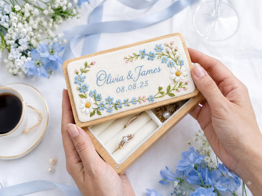 Personalized Mini Wooden Jewelry Box, Hand Embroidered Forget Me Nots and Daisy Ring Box Names and Date, Wedding Keepsake Something Blue