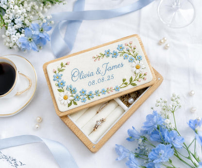 Personalized Mini Wooden Jewelry Box, Hand Embroidered Forget Me Nots and Daisy Ring Box Names and Date, Wedding Keepsake Something Blue