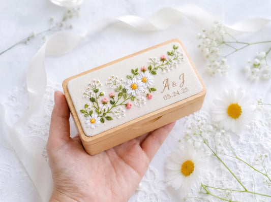 Personalized Mini Wooden Jewelry Box, Hand Embroidered White Daisies, Blush Roses and Baby's Breath, Initials and Date Wedding Keepsake Gift