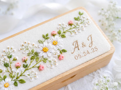 Personalized Mini Wooden Jewelry Box, Hand Embroidered White Daisies, Blush Roses and Baby's Breath, Initials and Date Wedding Keepsake Gift