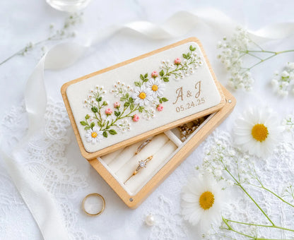 Personalized Mini Wooden Jewelry Box, Hand Embroidered White Daisies, Blush Roses and Baby's Breath, Initials and Date Wedding Keepsake Gift