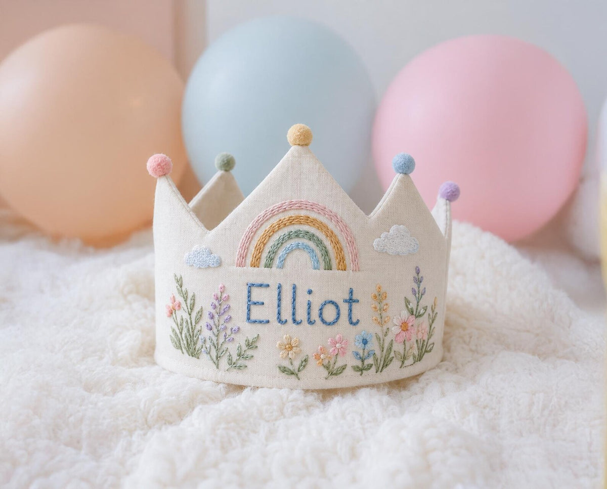 Personalized Rainbow Birthday Crown, Hand Embroidered Wildflowers and Clouds, Custom Name Linen Kids Party Hat, First Birthday Keepsake Gift