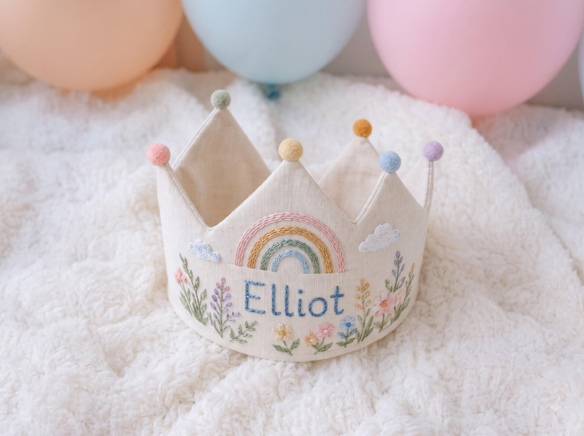Personalized Rainbow Birthday Crown, Hand Embroidered Wildflowers and Clouds, Custom Name Linen Kids Party Hat, First Birthday Keepsake Gift