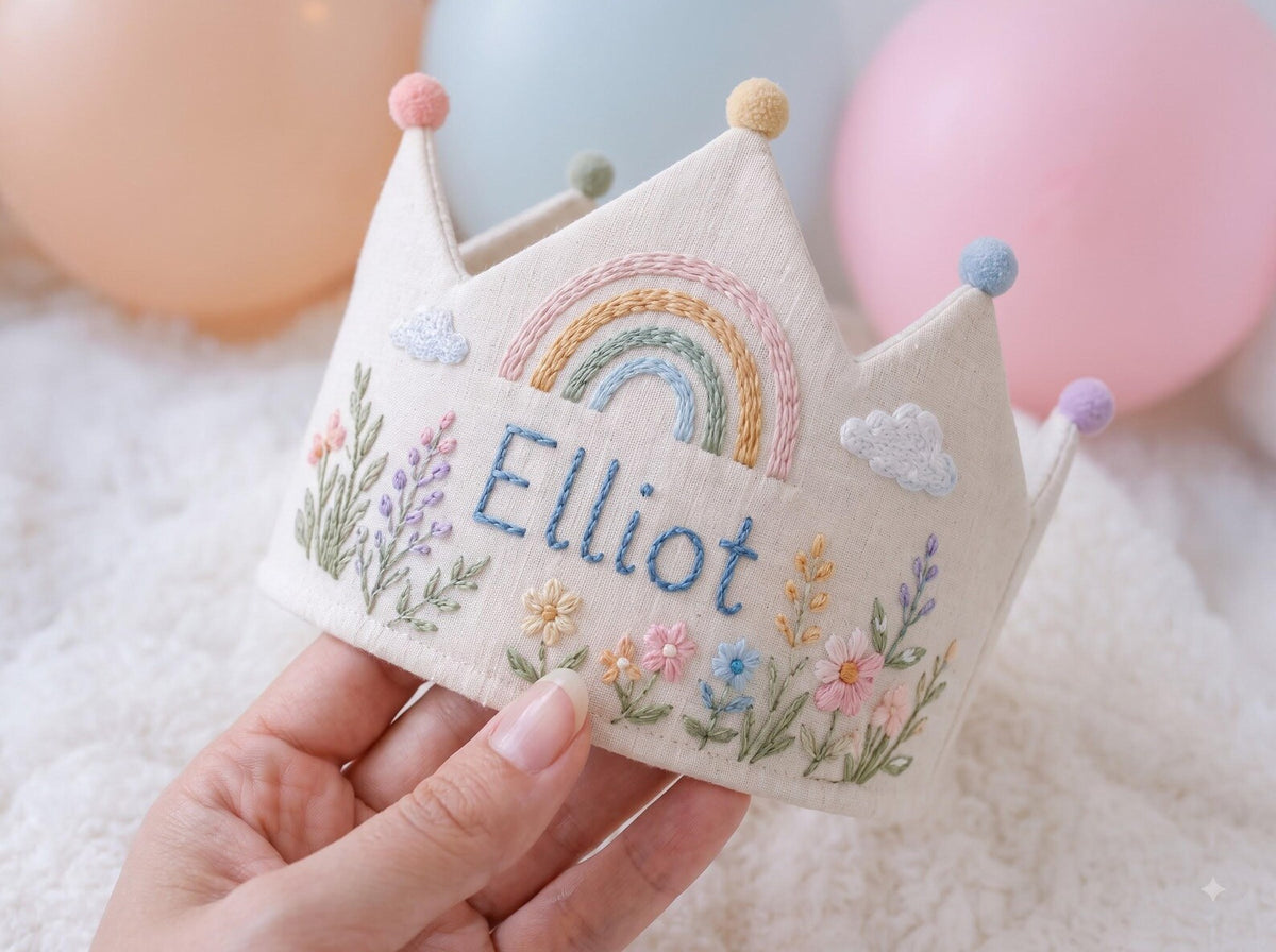 Personalized Rainbow Birthday Crown, Hand Embroidered Wildflowers and Clouds, Custom Name Linen Kids Party Hat, First Birthday Keepsake Gift