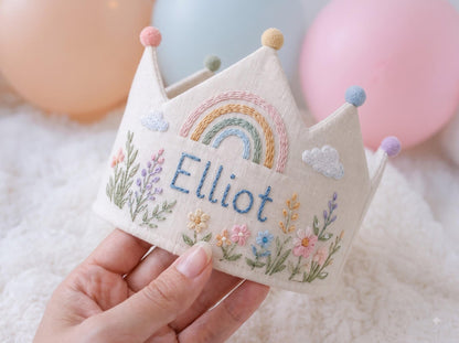 Personalized Rainbow Birthday Crown, Hand Embroidered Wildflowers and Clouds, Custom Name Linen Kids Party Hat, First Birthday Keepsake Gift