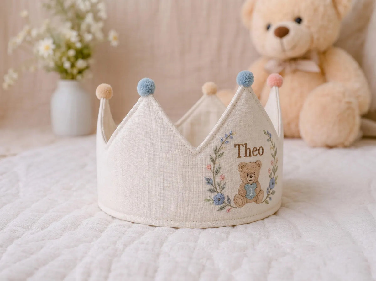 Personalized Teddy Bear Birthday Crown, Hand Embroidered Blue and Pink Flowers, Custom Name and Age First Birthday Party Hat Baby Boy's Gift