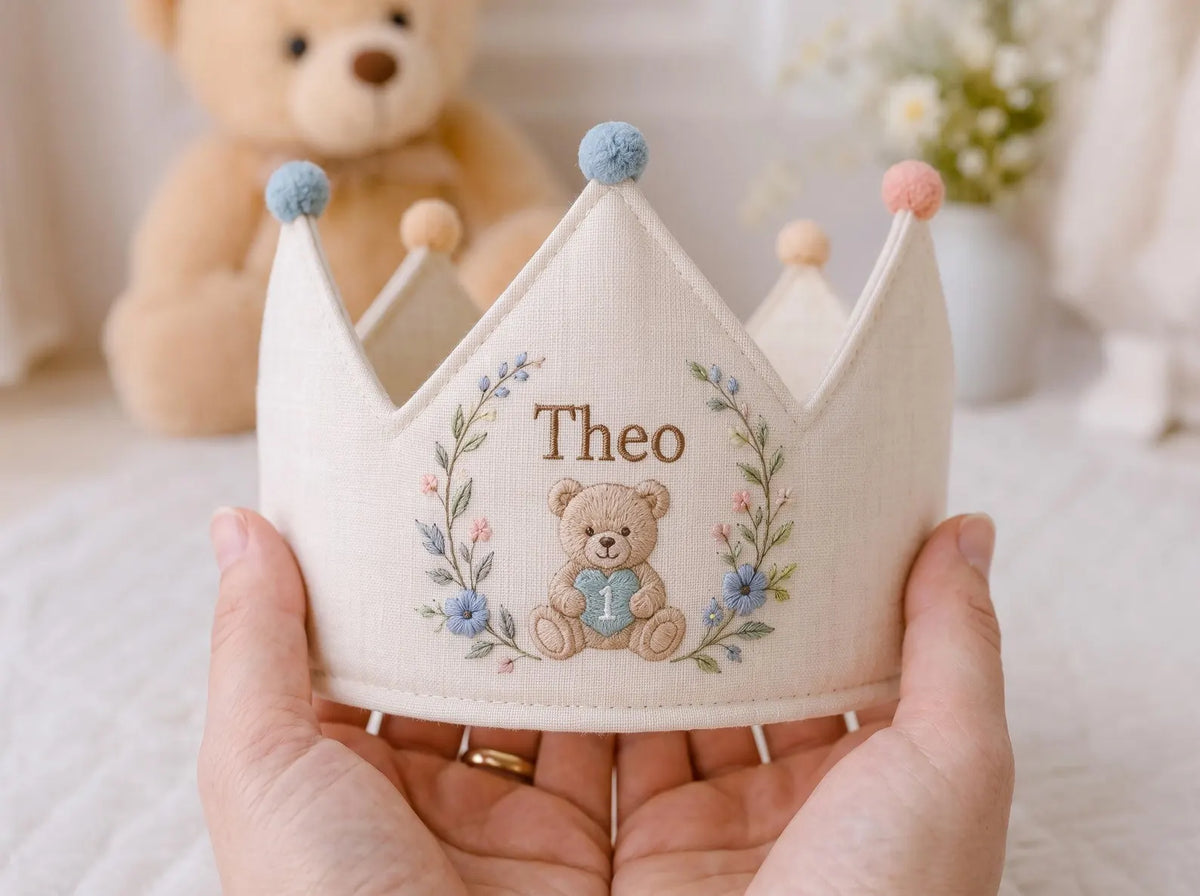 Personalized Teddy Bear Birthday Crown, Hand Embroidered Blue and Pink Flowers, Custom Name and Age First Birthday Party Hat Baby Boy's Gift