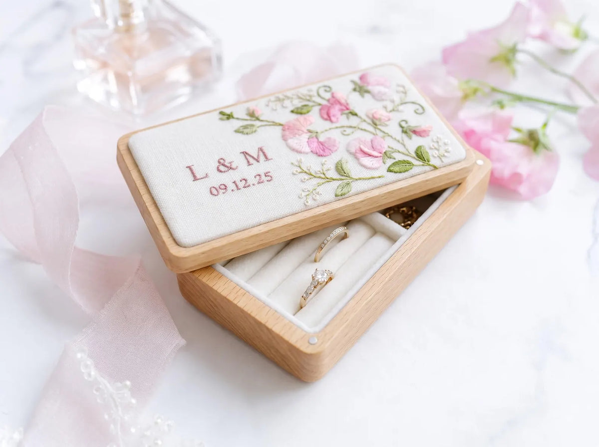 Personalized Mini Wooden Jewelry Box, Hand Embroidered Pink Sweet Pea Ring Box with Initials and Date, Wedding Keepsake Gift Box