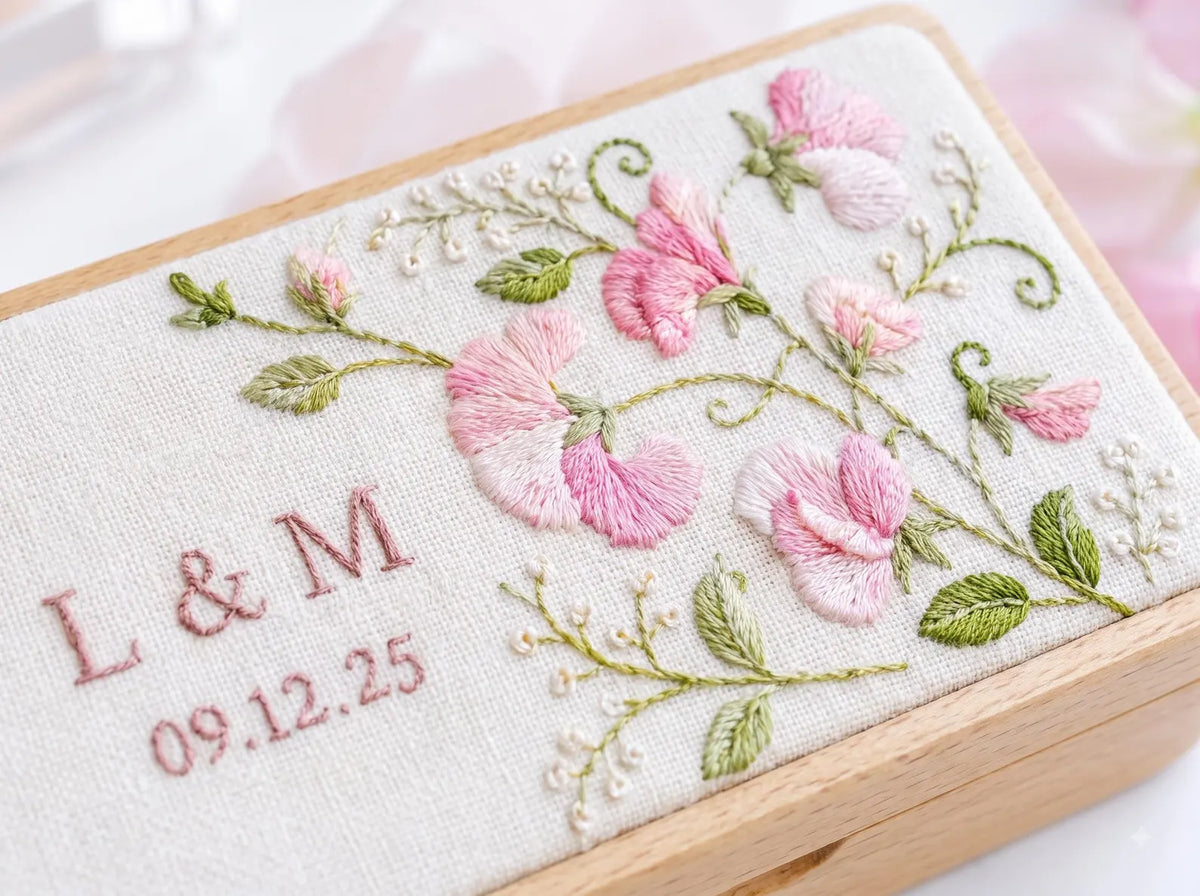 Personalized Mini Wooden Jewelry Box, Hand Embroidered Pink Sweet Pea Ring Box with Initials and Date, Wedding Keepsake Gift Box