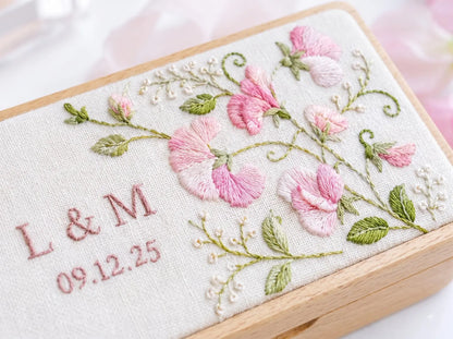 Personalized Mini Wooden Jewelry Box, Hand Embroidered Pink Sweet Pea Ring Box with Initials and Date, Wedding Keepsake Gift Box