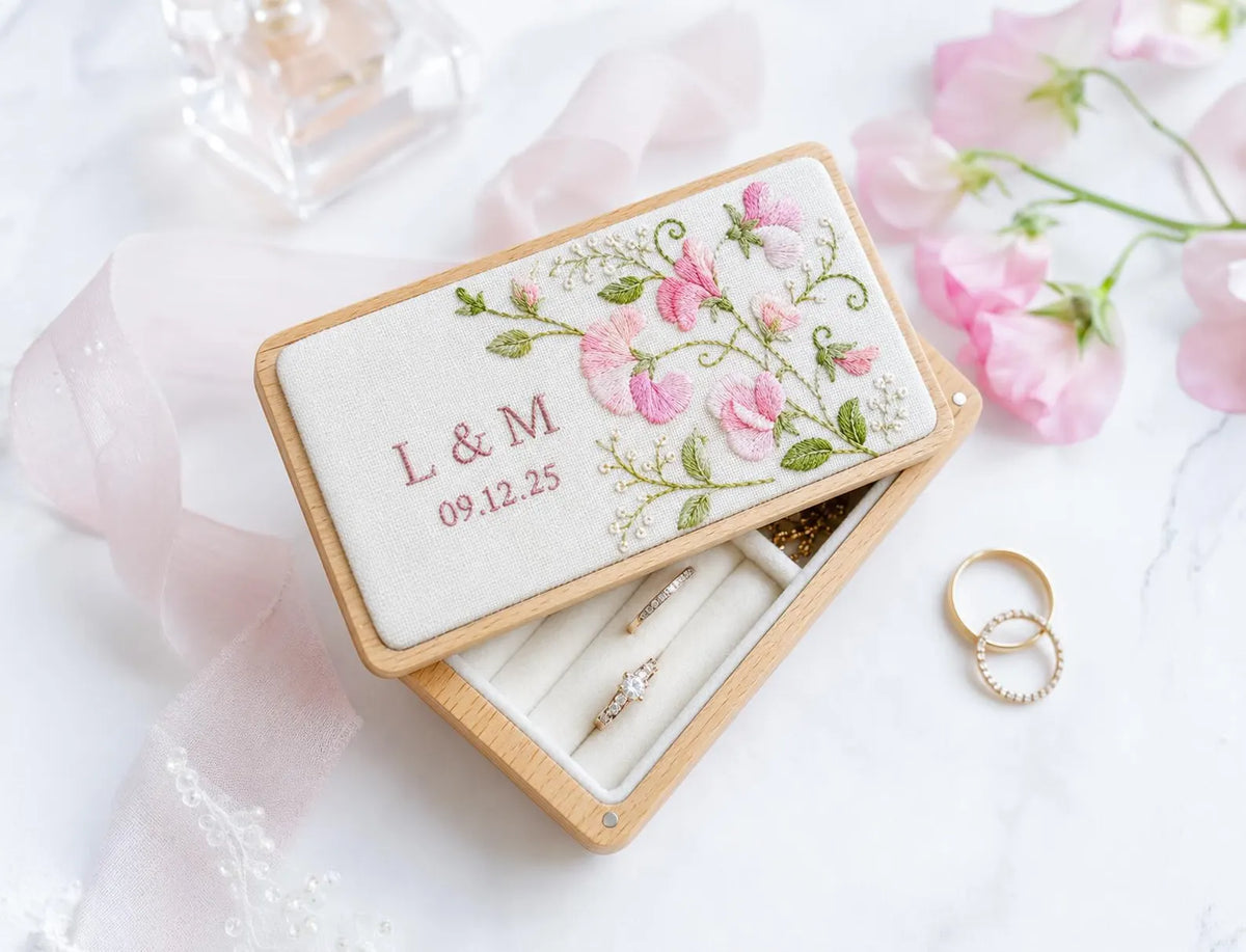 Personalized Mini Wooden Jewelry Box, Hand Embroidered Pink Sweet Pea Ring Box with Initials and Date, Wedding Keepsake Gift Box
