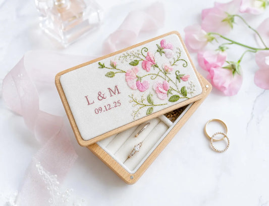 Personalized Mini Wooden Jewelry Box, Hand Embroidered Pink Sweet Pea Ring Box with Initials and Date, Wedding Keepsake Gift Box