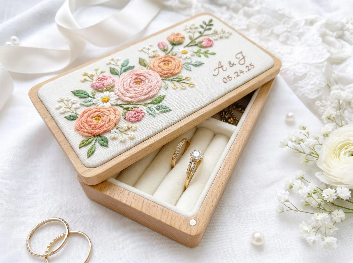 Personalized Mini Wooden Jewelry Box, Hand Embroidered Peach and Blush Ranunculus with White Daisies, Initials and Date Wedding Ring Box Set